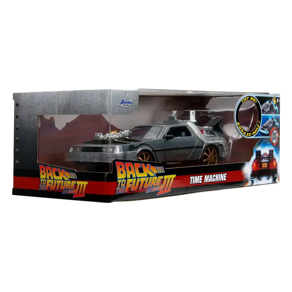 Powrót do Przyszłości III Hollywood Rides Diecast Model 1/24 DeLorean Wehikuł Czasu Railroad Wheels zdjęcie produktu