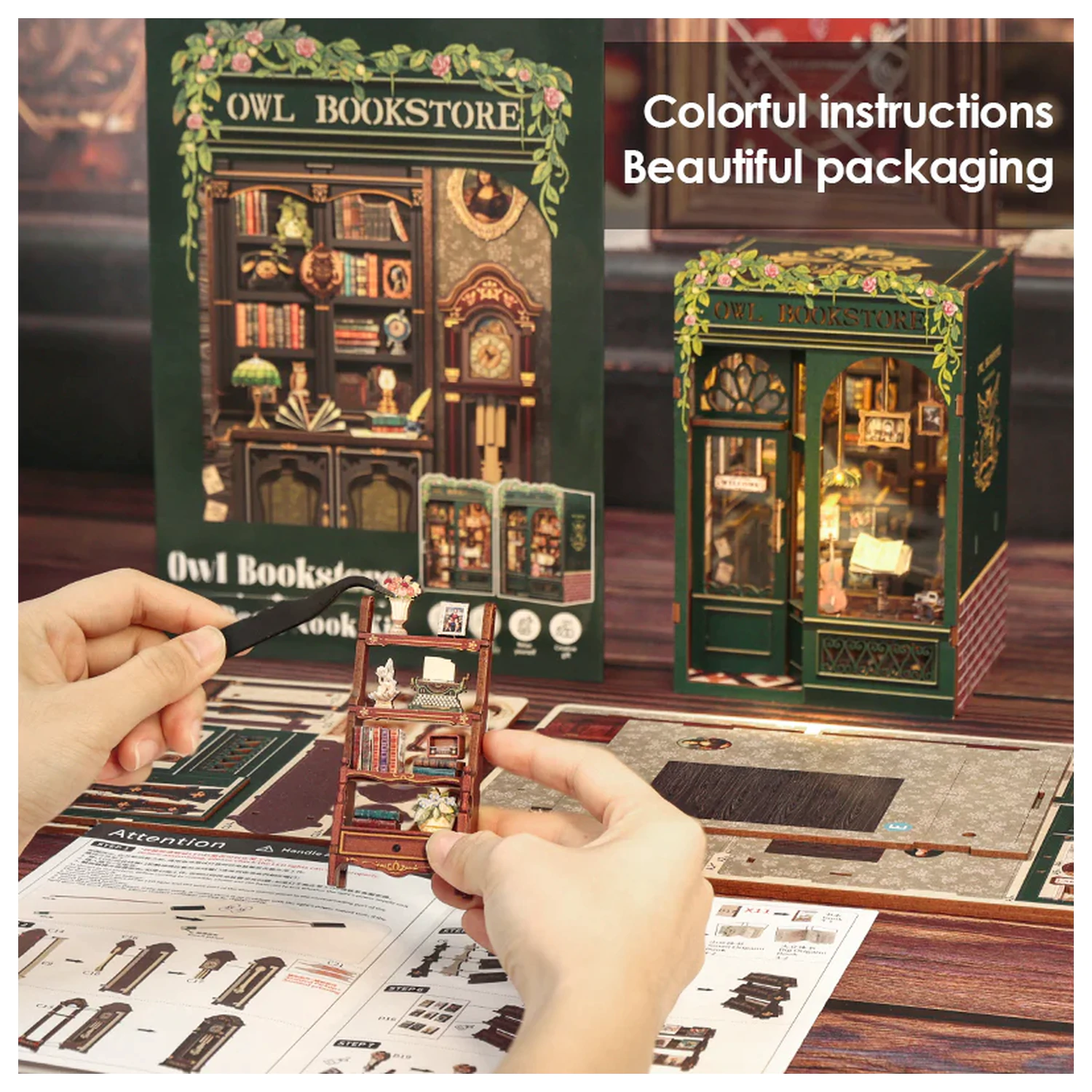 BOOK NOOK KIT Zestaw konstrukcyjny DIY Owl Bookstore 139 sztuk + światło LED zdjęcie produktu