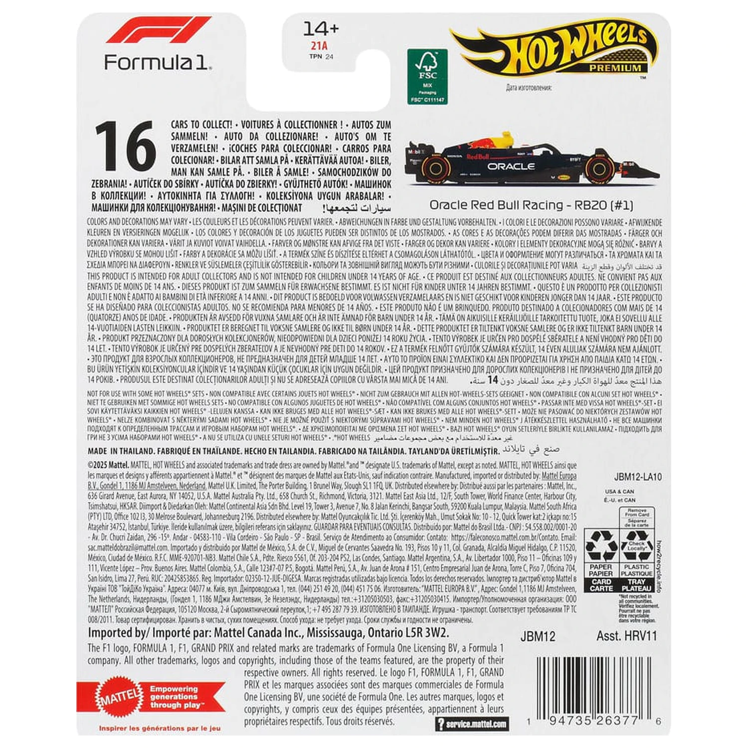 Pojazd Premium Hot Wheels Formuła 1 z odlewu ciśnieniowego w skali 1/64 Oracle Red Bull Racing RB20 (#1) (Max Verstappen 2024) zdjęcie produktu