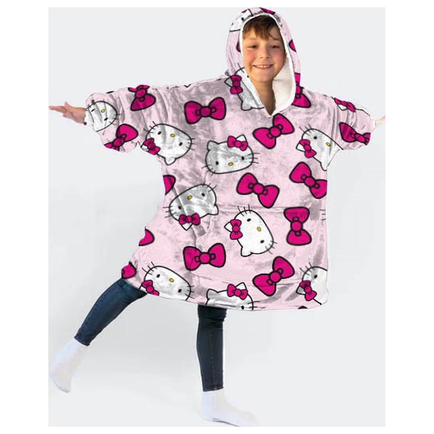 Hello Kitty Bow Plush Fleece noszony koc Poncho dla wieku 7-14 lat zdjęcie produktu