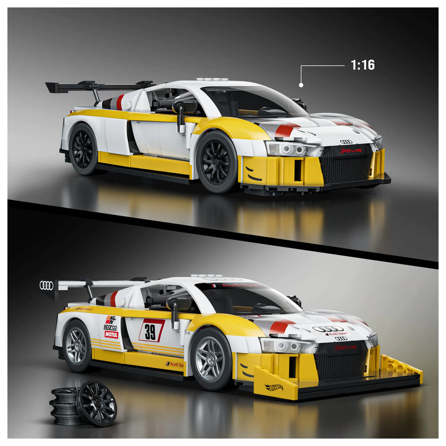 Hot Wheels Elite Mattel Brick Shop Zestaw Klocków Budowlanych 1/16 '15 Audi R8 LMS zdjęcie produktu