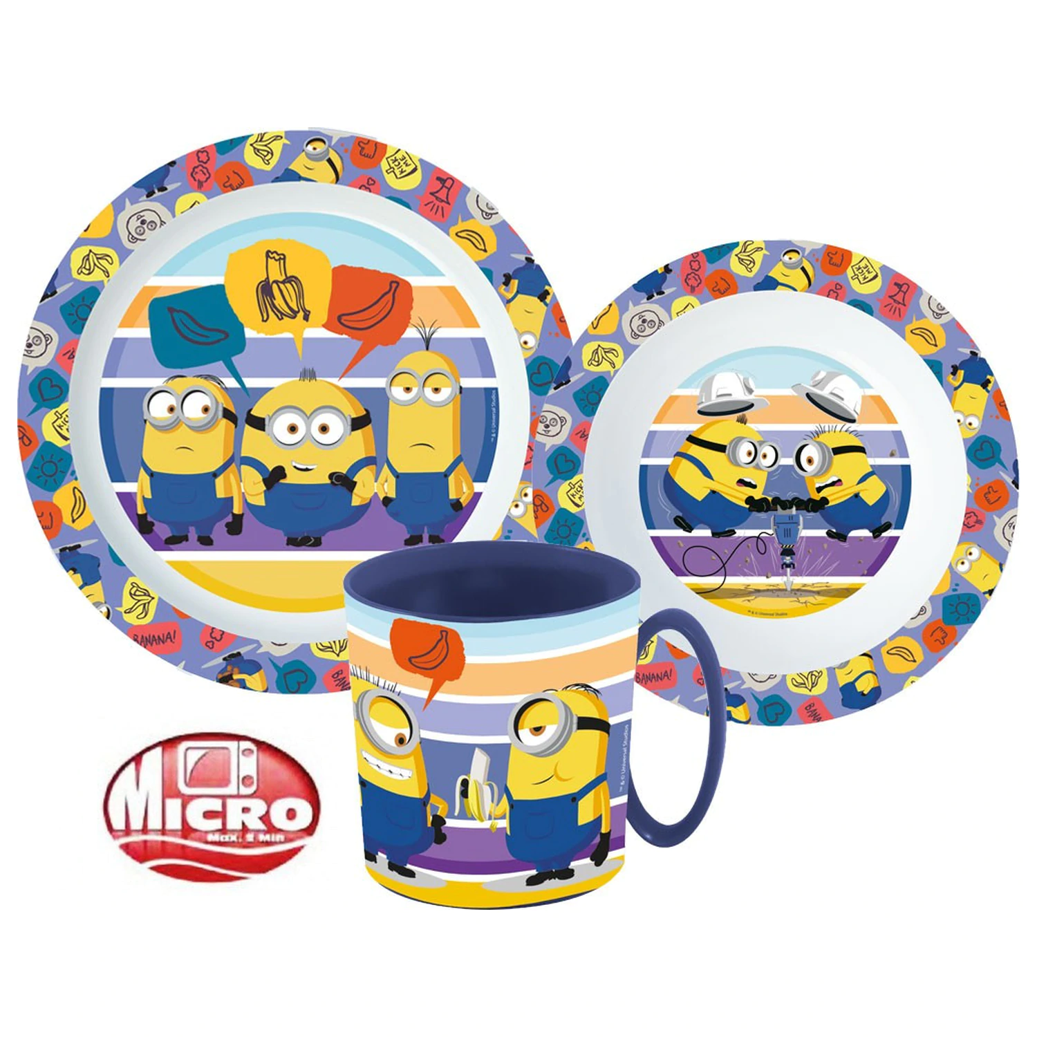 Minions zestaw obiadowy w paski, zestaw z mikro plastiku z kubkiem 350 ml zdjęcie produktu