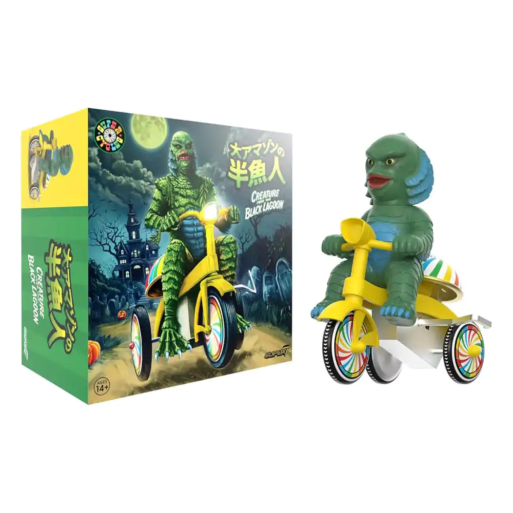 Universal Monsters Super Cycles Figurka Akcji Potwór z Czarnej Laguny (Ciemnozielony z Żółtym Trajkiem) 13 cm zdjęcie produktu